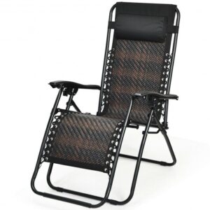 Folding Rattan Zero Gravity Lounge Chair with Removable Head Pillow-Brown - Color: Brown