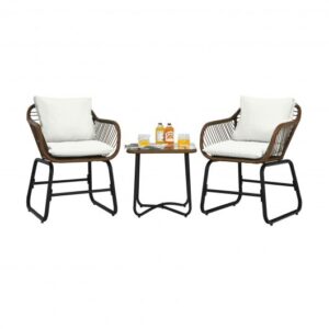 3 Pieces Patio Rattan Bistro Set Cushioned Chair Glass Table Deck-White - Color: White