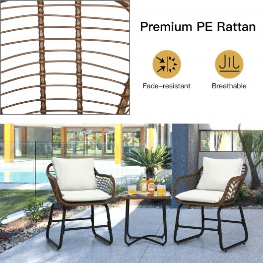 3 Pieces Patio Rattan Bistro Set Cushioned Chair Glass Table Deck-White - Color: White - Image 3