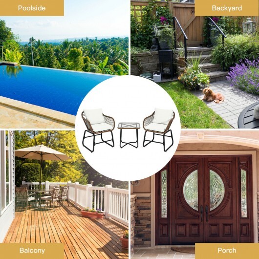 3 Pieces Patio Rattan Bistro Set Cushioned Chair Glass Table Deck-White - Color: White - Image 5