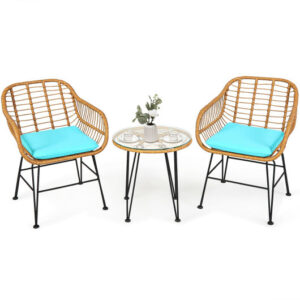 3 Pieces Rattan Furniture Set with Cushioned Chair Table-Turquoise - Color: Turquoise
