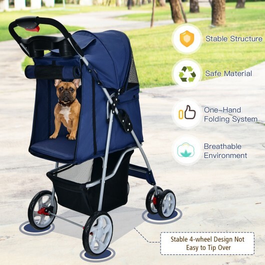 Folding Pet Stroller with Storage Basket and Adjustable Canopy-Navy - Color: Navy - Image 3