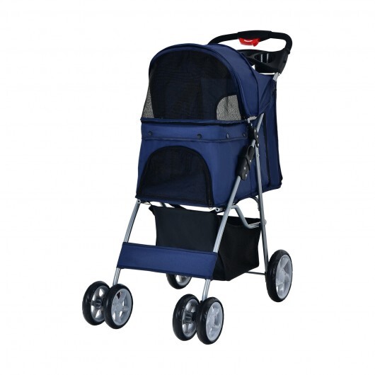 Folding Pet Stroller with Storage Basket and Adjustable Canopy-Navy - Color: Navy - Image 4