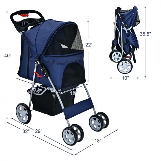 Folding Pet Stroller with Storage Basket and Adjustable Canopy-Navy - Color: Navy - Image 5