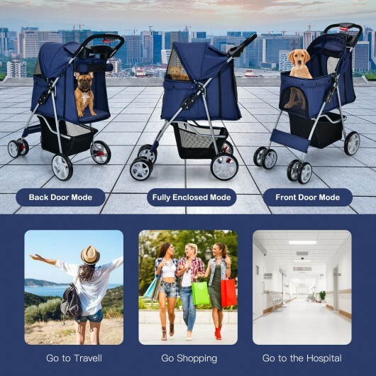 Folding Pet Stroller with Storage Basket and Adjustable Canopy-Navy - Color: Navy - Image 6