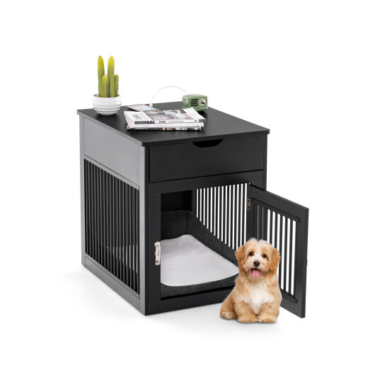 2-In-1 Dog House with Drawer and Wired Wireless Charging-Black - Color: Black