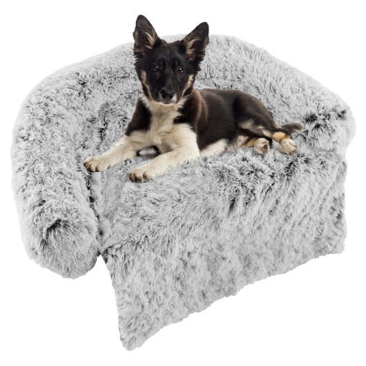 White Plush Calming Dog Couch Bed with Anti-Slip Bottom-M - Color: White - Size: M