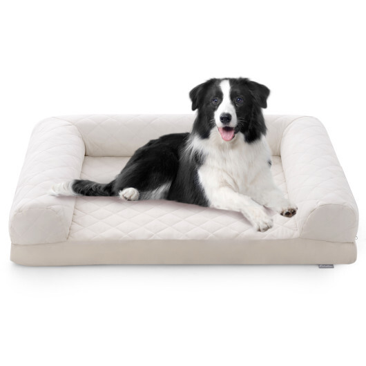 Egg-Foam Dog Crate Bed with 3-Side Bolster and Removable Washable Bed Cover-Beige - Color: Beige