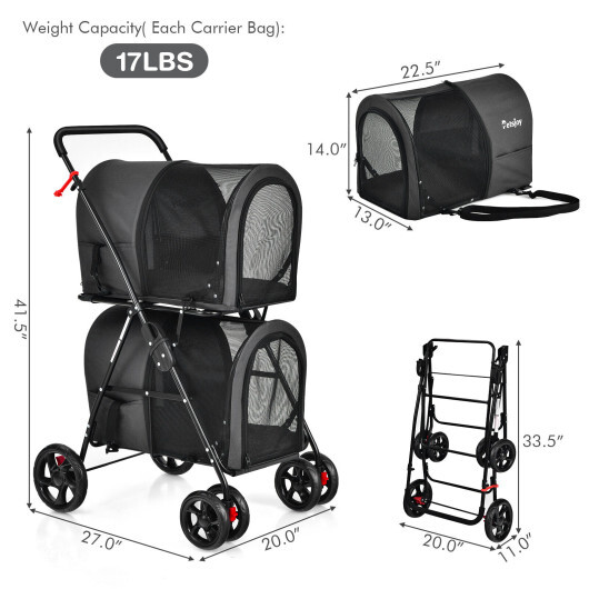 4-in-1 Double Pet Stroller with Detachable Carrier and Travel Carriage-Black - Color: Black - Image 4