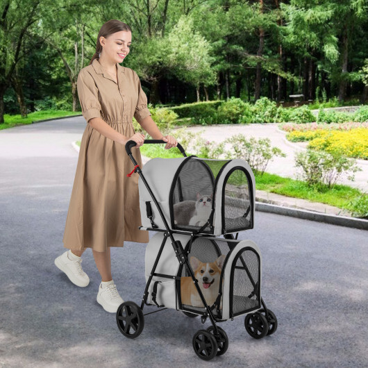 4-in-1 Double Pet Stroller with Detachable Carrier and Travel Carriage-Gray - Color: Gray - Image 2