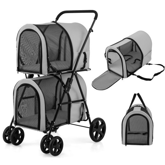 4-in-1 Double Pet Stroller with Detachable Carrier and Travel Carriage-Gray - Color: Gray - Image 4