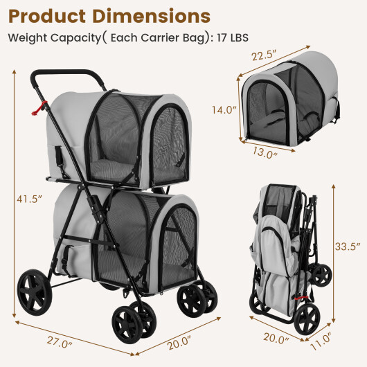 4-in-1 Double Pet Stroller with Detachable Carrier and Travel Carriage-Gray - Color: Gray - Image 5