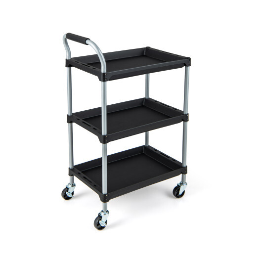 3 Layer Tool Cart with PP Shelves Sponged Handle and Swivel Wheel-Black - Color: Black