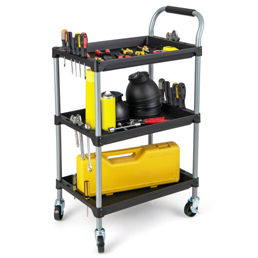 3 Layer Tool Cart with PP Shelves Sponged Handle and Swivel Wheel-Black - Color: Black - Image 4