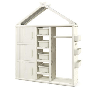 Kids Costume Storage Closet with Storage Bins and Shelves and Side Baskets for Kids Room-White - Color: White