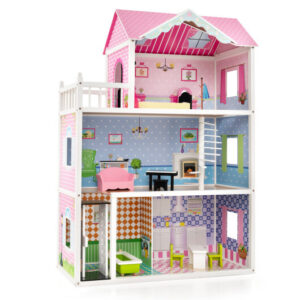 Wooden Dollhouse with Working Elevator and Rotatable Staircase-Pink - Color: Pink
