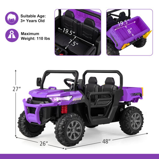 12V Kids Ride On Truck Car with Remote Control and 2 Seaters-Purple - Color: Purple - Image 4
