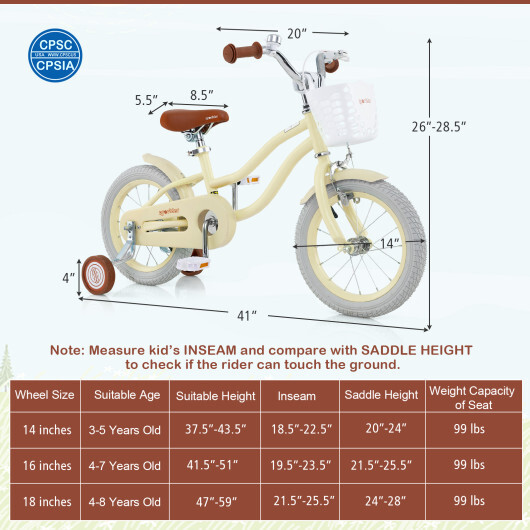 14 Inch Kids Bike Adjustable with Training Wheels Ages 3-8 Years Olds-14 inches - Color: Beige - Size: 14 inches - Image 5