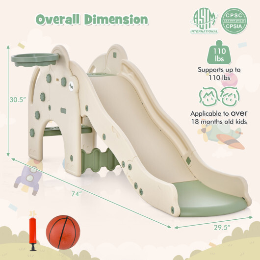 4-in-1 Toddler Slide Kids Play Slide with Cute Elephant Shape-Green - Color: Green - Image 5