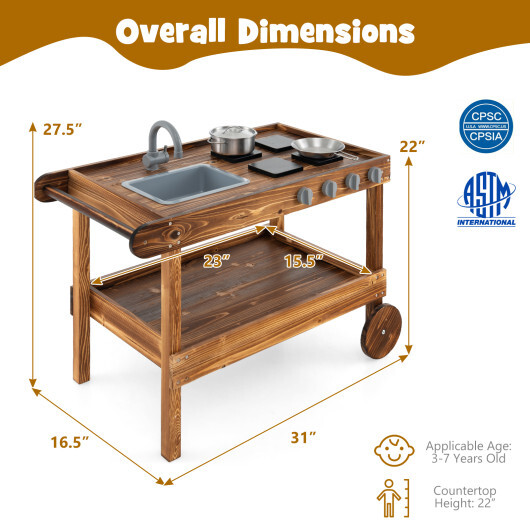 Outdoor Movable Mud Kitchen with 2 Rolling Wheels and 1 Push Handle-Natural - Color: Natural - Image 5
