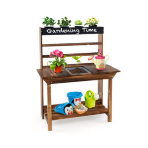 Wooden Potting Bench Table Outdoor Mud Kitchen with Solid Fir Wood Frame-Natural - Color: Natural